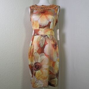 Argenti Beaded Floral Sheath Dress Size 8 | Orange Yellow Bloom Print